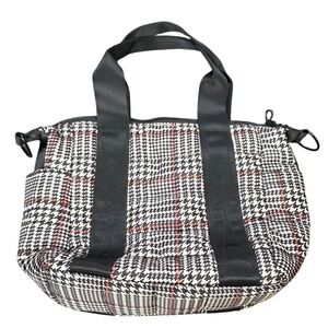 MYTAGALONGS Quilted Puffer Tote Bag Women's Black White Houndstooth Red Accents